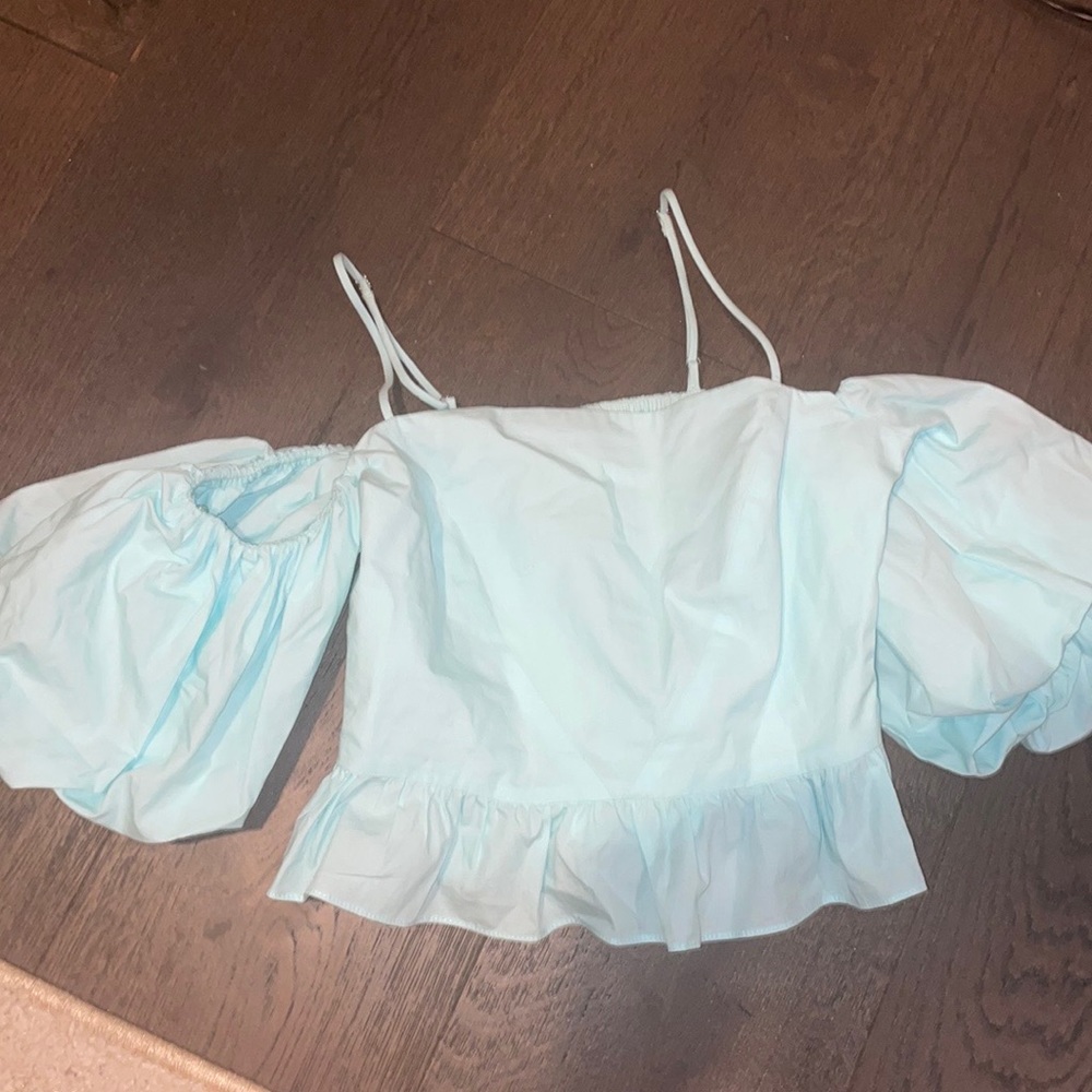 Zara xs blue puff sleeve crop top stretchy adjustable straps